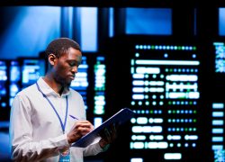 Licensed IT admin walking in server hub performing data backups and providing centralized storage. Serviceman debugging Uninterruptible Power Supply ensuring smooth functioning